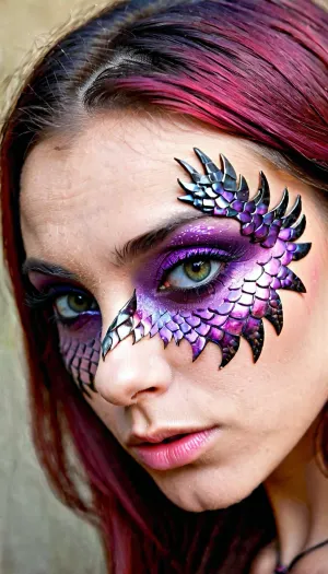 A menina com a garota dragão estreita pupila, íris detalhada, Double Dragon eyelid, dupla pálpebra cobrindo o olho, e foco corpo inteiro é uma foto de uma garota de 18 anos de alta qualidade com escalas iridescentes de Borgonha em todo o lado