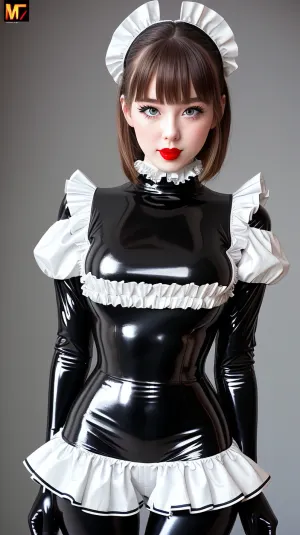 Una niña de 20 años de edad en un traje de látex con patrones geométricos y mangas rotas realizó una mamada mientras llevaba una foto de la mucama francesa como su traje de látex