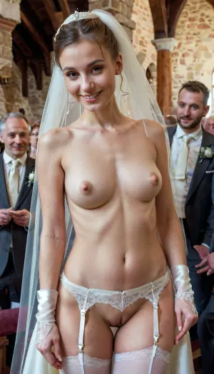 Die Braut war eine atemberaubende Vision in ihren weißen Spitzenstrümpfen mit Strümpfen, Strümpfen und sexy Lächeln Tanz Braut. Sie hatte perfekte Haut, sichtbare Nippel und eine Nahaufnahme ihrer perfekten Brüste. Ihr Bräutigam war ein hübscher