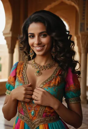 The beautiful and young Arab woman with dark skin and voluminous wavy black hair, wearing a colorful exotic dress, smiling playfully, wearing lots of jewelry, upper body portrait in an arabian palace