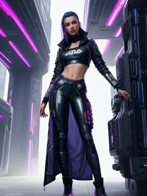 Una donna futuristica con alta moda e ultra-alti dettagli crop top è visto in un ambiente di moda dinamico, con una giacca di plastica chiara e la moda cyberpunk