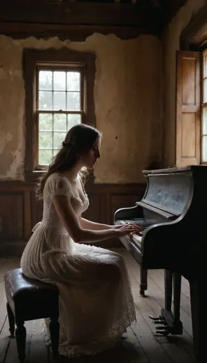 Los dedos de una mujer se deslizan a través de las llaves, creando una melodía inquietante que hace eco a través de la casa vacía. Los espíritus del pasado parecen reunirse alrededor de ella, sus formas translúcidas que se mueven dentro y fuera mientras ella juega