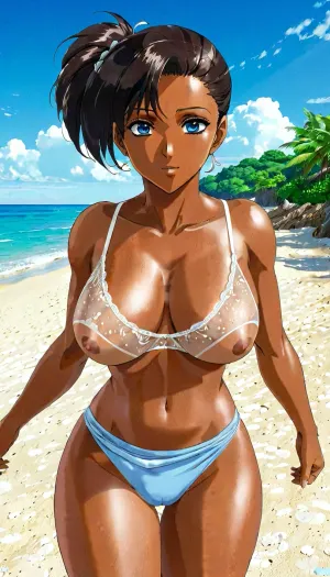 young adult dark skinned girl, milf, pussy juice dribbling down inner thighs, legs spread, ((perfect blue eyes)), beach, daytime, summer, (sheer camisole top), large saggy breasts, middle of street, masterpiece, best quality, highly detailed, looking at the camera, {standing}, (((anime style:1.15)), (masterpiece), beautiful black woman, (((anime)))), (((anime, flat, color))), urushisato, ova, background, <lora:anime_sdxl_v1:.8>, <lora:xl_urushihara_satoshi_v16:.5>, <lora:chooo-000019:.5>