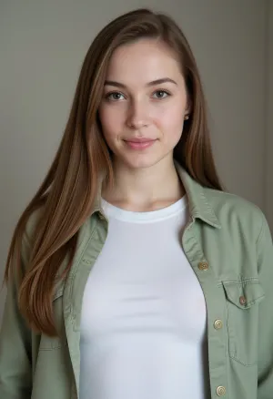 A portrait shot of a young woman, around 24 years old, standing indoors with a calm and confident expression. She has long, smooth, light brown hair that falls naturally over her shoulders, parted slightly to one side. She is wearing a casual outfit—a light green button-up jacket layered over a plain white t-shirt, emphasizing a minimalistic and relaxed style. The lighting is soft, natural, and subdued, casting gentle shadows that highlight the contours of her face, giving her skin a flawless and matte texture. The neutral background is slightly blurred, drawing attention to her sharp, piercing gaze and perfectly symmetrical features. The overall mood of the image is serene, with a focus on her composed, almost melancholic expression.
