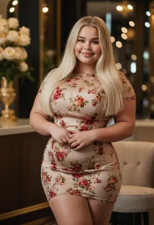Russian beauty, (midget:1.2), young girl 20 years old, oversized bbw, (oversized thick thighs:1.4), ., (Oversized wide hips:1.2), (Wide large ass:.9), . Straight long hair, white blonde hair. Smirk smile. Mini tight fitting dress. In flower boutique. Portrait photo, 8k, bokeh, high quality photo.