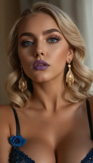 Un modelo profesional con pechos grandes y un énfasis en los labios jugosos posa para una foto usando un látex blanco y lencería de enfoque negro con acentos negros que enfatizan sus curvas