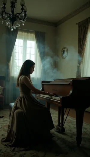 她用忧郁的恩典演奏 她的手指跳过钥匙 就像哀伤的摇篮曲 阴影围绕她跳舞,他们的脸在悲伤和渴望中扭曲. 在她玩的时候 房间似乎活过来了