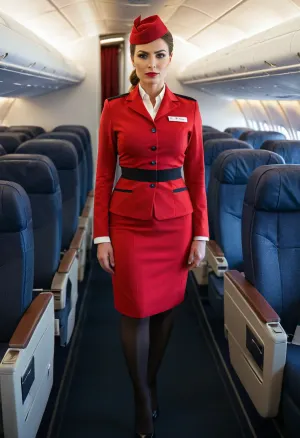 Der Flugbegleiter in einem roten Kostüm, stand voller Körper in ihrem Bild, arbeitete als Flugbegleiter auf einem Flugzeug. Sie hatte ein enges schwarzes Kleid, das ihre Kurven perfekt umarmte und im Bild atemberaubend aussah. Ihr langes Haar wurde gebunden in