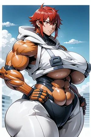 Tomo aizawa with six pack abs, wide hips and massive breast and ass in her mech suit, Tomo, red, hair, eyes, short, between, bangs, breasts, large, hyperass, ass, femuscle, venusbody, naked, <lora:TomoV1:.5>, <lora:BEReaction:.5>, <lora:hyperass_850-1e-5-av3-LoRA-epoc43-v3:.5>, <lora:5_femuscle-80:.5>, <lora:venus body2:.5>, <lora:jujunaught 2:.5>, <lora:kunaboto 2:.5>, <lora:nijiarmor_v2:1>