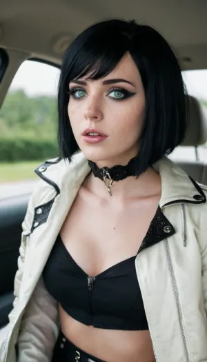 german, 18 yo, slut, whore, cinematic photo of one woman, (open mouth, ready for cum), (((perfect green eyes))), (((emo gothic makeup))), (((black hair, bobcut hair))), ((freckles body), (bronze tan, tanlines)), ((white latex jacket)), innie, closeup, (in car, city), 35mm photograph, film, bokeh, professional, 8k, highly detailed