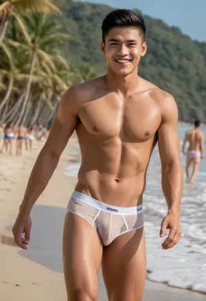 The young male model in the photo is wearing a transparent shirt and revealing his muscular body. He has a full head of hair and tan skin, with a nice smile and piercing eyes. His cock is hard and jutting out from his underwear,