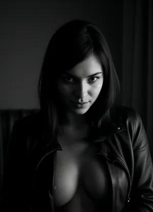 (vintage horror portrait:1.4), (dramatic lighting:1.4), (high contrast:1.2), (black and white:1.2), intense piercing glare, deep shadows, eerie, theatrical, moody, menacing smirk, grainy texture, haunting, unsettling, historic, stark, bold, textured, mysterious, dramatic shadows, chiaroscuro, evocative, dark, vintage film style, (Dutch angle shot, low angle shot:1.4), , (a bdsm dominatrix in her iconic black leather outfit:1.6), (scanned photo from a disposable camera:1.6), night time dark room, lights off