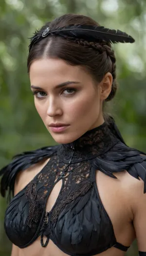 그녀의 얼굴을 덮는 검은 토끼 깃털과 함께 노예에 아름다운 여성은 그를 서서, 그는 그녀의 완벽한 몸과 긴 다리에 스타를 도울 수 없었다