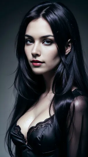 woman, women, beautiful 30 year old romanian vampire, close up, black satin bra and black satin gown, long wavy black tousled hair, (8k, RAW photo, best quality, masterpiece:1.4), perfect blue eyes, (vampire fangs), ((big fangs)), seductive look, <lora:lora_perfecteyes_v1_from_v1_160:1.6>, <lora:fangs:.3>