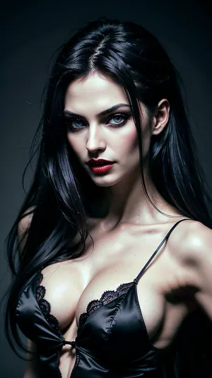 woman, women, beautiful 30 year old romanian vampire, close up, black satin bra and black satin gown, long wavy black tousled hair, (8k, RAW photo, best quality, masterpiece:1.4), perfect blue eyes, (vampire fangs), ((big fangs)), seductive look, <lora:lora_perfecteyes_v1_from_v1_160:1.6>, <lora:fangs:.3>