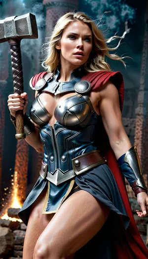 Una donna con capelli biondi lunghi e occhi blu piercing si trovava davanti a un martello massiccio, coperto di sudore. Ha alzato le braccia al cielo e poi li ha portati giù in un arco potente, causando scintille a volare dalla superficie del martello. Lei