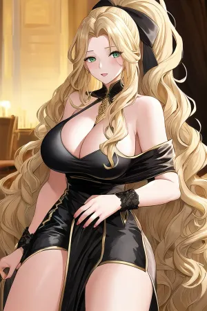 긴 파도타기 머리, 녹색 눈, 사기그릇 피부, 가득 차있는 입술 및 빨간 손을 가진 까만 robe에 있는 완벽한 몸은 그녀의 완벽에 기인하는 사람들을 위한 기쁨의 각 순간을 붙잡기 위하여 준비했습니다