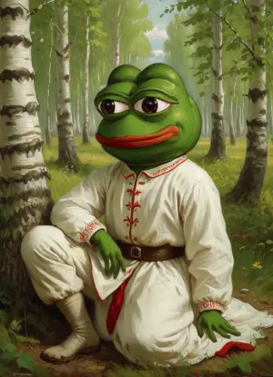 Пепе лягушка пряталась в березовом лесу, ожидая прибытия друзей. У него был секретный план нарисовать картину себя с друзьями, но ему нужно было вдохновение. Вдруг он услышал шорох в кустах и