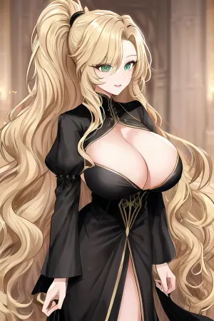 긴 머리와 여자, 와이비 머리, 그리고 녹색 눈은 그녀의 cleavage에 노출 블랙 로브를 착용했다. 그녀는 완벽한 피부와 완벽한 얼굴을했다. 그녀의 거대한 가슴은 robes를 통해 완벽하게 볼
