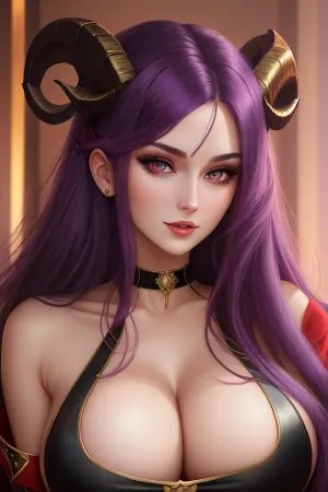 긴 보라색 머리와 25 세 여성, 빛나는 붉은 눈, 그리고 화려한 금 트림 드레스 그녀의 완벽한 얼굴을 감아 거울 앞에 서. 그녀는 이것이 최고의 그림이 찍어지고 있다는 것을 알고