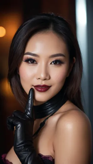 一个美丽的亚洲女孩 有着长而深的眼线 长而深的眼纹 美丽的眼睛 深棕色的地球唇 一只口袋镜 在口袋镜的帮助下