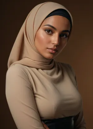 Uma jovem argelina de Oran é capturada com tecnologia AI high-end, sua imagem ultra-realista revelada através do uso de um hijab de couro preto enrolado firmemente em torno de sua cabeça, expondo apenas os contornos de seu rosto e curvas de sua