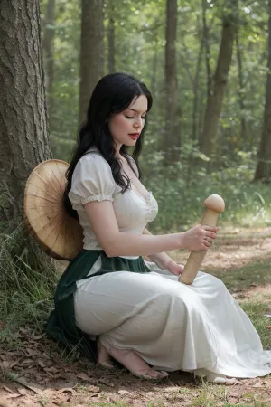 文中描述了一个场景,一个美丽的年轻女子白雪公主躺在树林中的草地上,同时用一个形状像大蘑菇的迪尔多进行手淫. 她咬舌头和呻吟时 似乎很享受自己