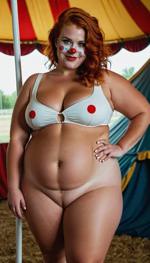 A 25-year-old female, who was obese and had big breasts, big ass, thick thighs, and long legs, stood in a circus wearing colorful clown makeup on her face. She smiled at the camera while holding a red balloon. Her