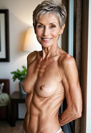 A 70-year-old woman with athletic lean muscles, short hair, and narrow hips loves getting her ass fucked by the AI model