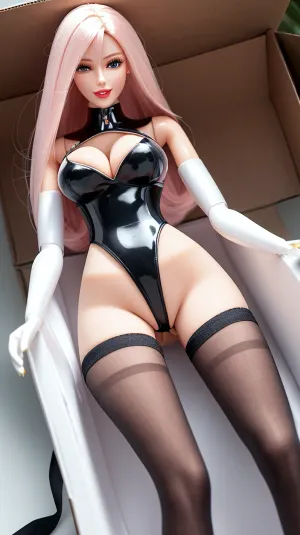 एक वास्तविक सेक्सडॉल, उसकी बड़ी नीली आंखों और मुस्कुराते हुए चेहरे के साथ, किसी के लिए इंतजार करने वाले कार्डबोर्ड बॉक्स के अंदर रहने के लिए उसकी तस्वीरें लेने के लिए