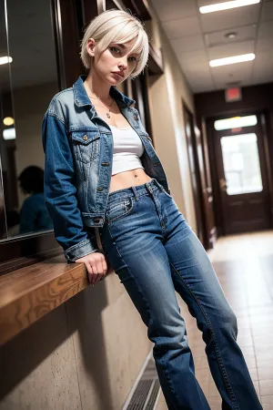 score_9, score_8_up, score_7_up, score_6_up, score_5_up, score_4_up, charlottesmoothie, white hair, short hair, blue eyes, hair over one eye, long bangs, shaved temples, black leather jacket, denim jeans pants, smile, upperbody, looking at viewer, hallway, indoors, girl, 20 years old, athletic build, full beautiful hips, short haircut, tight-fitting jeans, denim jacket