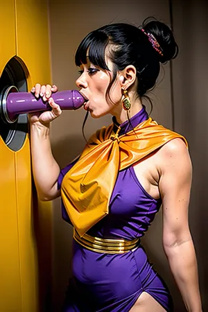 In a gloryhole, a girl in yellow China dress with multiple holes watched porn on her phone. Suddenly, she felt a hand on her shoulder and turned to see Chichi standing there with a purple gloryhole penis. He smiled and said, 