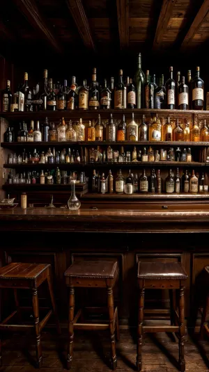 Ultra realistic, early 19 century saloon, dirty, dingy, liquor bottles on the bar tables and counter tops
