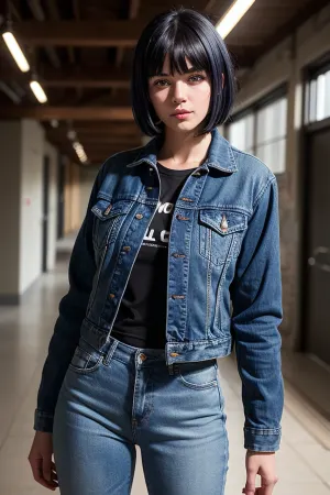 穿着运动建筑和全美臀部的女孩走进房间,她的头发超过一只眼睛,穿着紧身牛仔裤. 她对观众微笑,揭示了她的白牙. 她的长枪响 陷害她的脸,她有