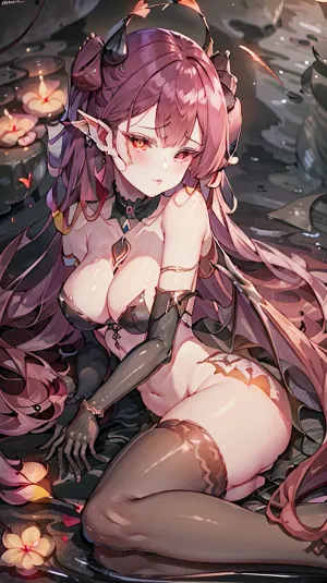 El succubus, con sus cuernos largos y alas demoníacas, se sentó en el borde de la piscina, sus ojos seductores y en forma de corazón. Sus tatuajes eran de corazones y cuernos, haciendo su mirada aún más hermosa. Ella tenía