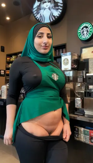 A Pakistani woman, wearing a green apron and black polo shirt, stood behind the counter at Starbucks. Her muscular body was on display as she poured coffee into cups. Her nipple piercings glinted in the morning light as she