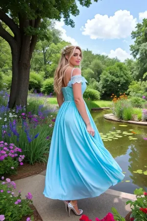 A beautiful woman inspired by Alice in Wonderland, with long blonde hair gently blowing in the wind. She wears a sky blue dress decorated with delicate white lace. The scene is a magical forest full of vibrant colors, with huge, colorful flowers and shimmering butterflies flying around her. In the background, an enchanted pond can be seen reflecting the light of the sun, while the atmosphere exudes a dreamy and imaginative mood.