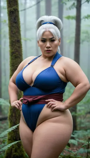 The Fatbbw, a 50-year-old Asian woman with huge hip and wide jar, was wearing a white hair bun and a kitana cosplay. She had perfect eyes, full body view with wintry forest background, and mature facial