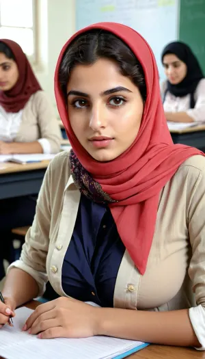 a beautiful cute 18 y/o shy iranian girl, ((huge breasts)), deep cleavage, hijab, students with working at their desk in a classroom, (open shirt)