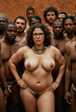 一个长胖脸部和眼镜的加大妇女被一群来自非洲部落的部落男子包围。 她穿着短裙和高跟鞋 她的头发被拉回面包里 男人们要带走了