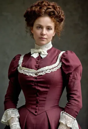 A Russian woman in a Victorian-style dress with frilled sleeves and big bows on the front is facing front in a portrait