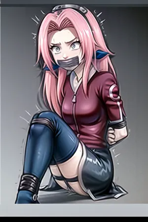 Sakura Haruno wurde durch mehrere Einfügungen von Band gebunden, auf ihrer Seite in einer Box mit einer KI auf der Vorderseite liegend. Ihre Augen waren weit offen, und sie sah schrecklich aus, als sie kämpfte, um sich von der Knechtschaft zu befreien