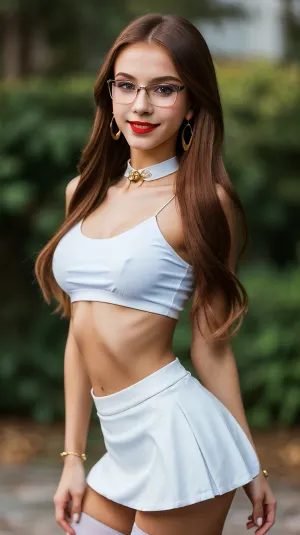 身材完美的少女身着紧身的红色上衣和裙子,腰部瘦弱,胃部扁平,全身展露. 她的长长的直红色头发 伸向她的背部 完美地塑造了她的脸 她有高脸颊