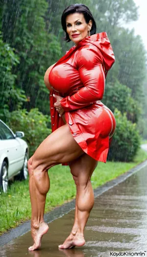 Monica Martin, a fitness model with big boobs and defined muscles, was taking pictures of herself in the rain. She had big saggy breasts that were hanging down from her chest, round buttocks, and a strong and muscular body