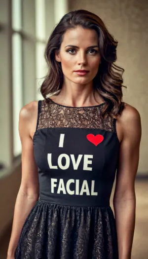 Sexy 30yo brunette Woman with a dress with text "i love facial" on it, <lora:BetterTextRedmond:1>