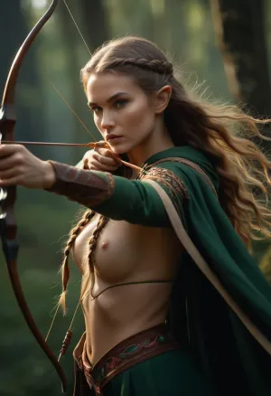 Il ranger dell'elfo era esperto in tiro con l'arco, e i suoi occhi acuti erano addestrati sul bersaglio. Ha tirato indietro la corda, mirando a un colpo perfetto. La freccia ha volato attraverso l'aria con facilità, penetrando attraverso il bersaglio con facilità. Il nudo