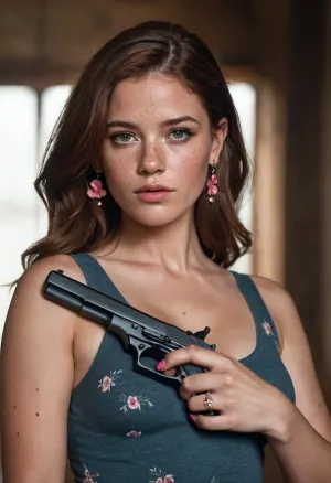 1girl, weapon, gun, solo, hair_flower, flower, hair_ornament, holding_gun, holding_weapon, brown_hair, earrings, handgun, holding, jewelry, tattoo, breasts, looking_at_viewer, trigger_discipline, mole, grey_eyes, parted_lips, nail_polish, pink_nails, upper_body, freckles, medium_breasts, tank_top, fingernails, long_hair, lips, realistic