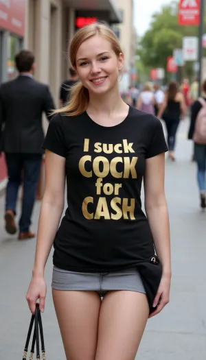A 23 year old, (slim slender), (ginger-haired ponytail), woman stands in a shopping street. She wears a skirt and a black t-shirt and a handbag., (photography is taken from a drone), .
On her t-shirt is a Text printed in large golden letters "I suck cock for cash".
