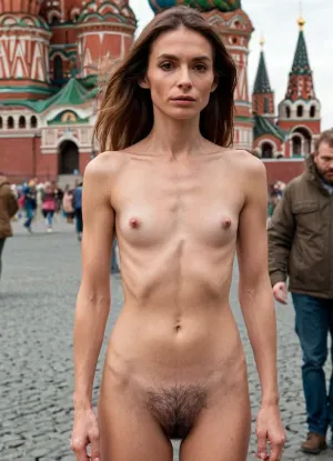 45 yaşındaki bir kadın Kızıl Meydanı'nda duruyor, nipple üst ve küçük bir etek giyiyor. Vücudu saçsız, hiç pubic saç görünmez. Yüzünde bir stern ifadesi var ve onun düz göğüsleri
