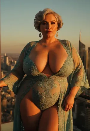 Una mujer rusa de 60 años con una cara grande, caderas anchas y un cuerpo jugoso en una pose seductora para la foto. Lleva una bata de encaje transparente y tacones altos. La iluminación es suave y cálida, con
